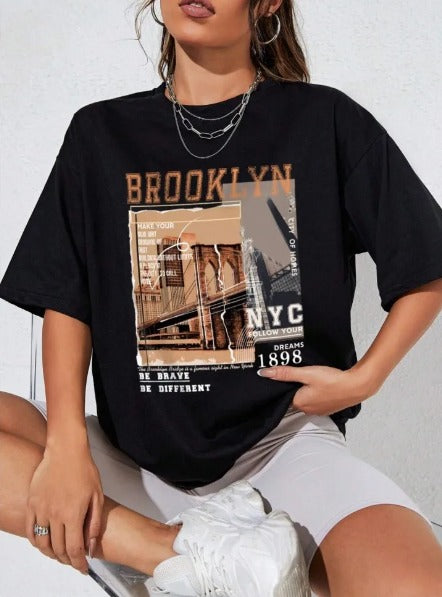 Brooklyn NYC 1898 Graphic Tee Fashion Casual Female Clothes Comfortable Street Tops