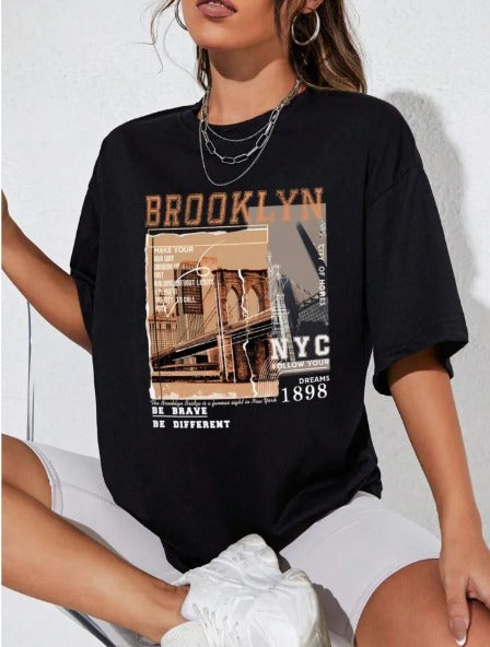 Brooklyn NYC 1898 Graphic Tee Fashion Casual Female Clothes Comfortable Street Tops