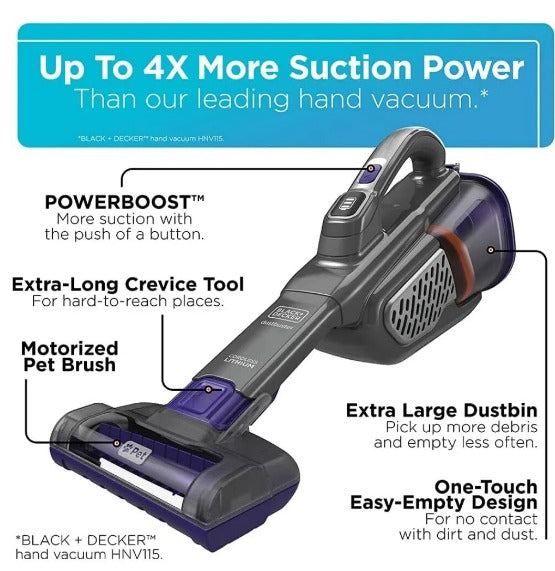 BLACK+DECKER Dust/Furbuster Handheld Cordless Vacuum Cleaner for Pets Advanced Clean Gray